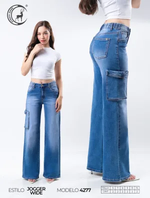 PANTALON KYRAT MODA JOGGER WIDE CARGO MEZCLILLA AZUL MEDIO CLARO