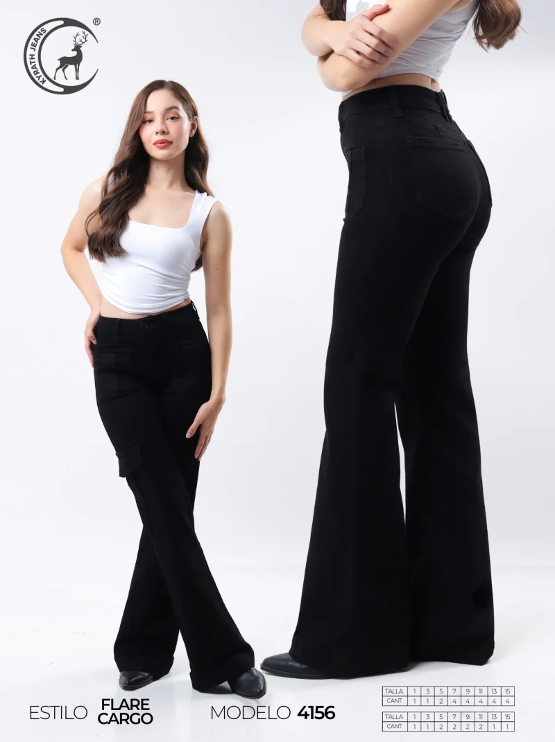 PANTALON KYRATH MODA FLARE CARGO FIT MEZCLILLA NEGRA